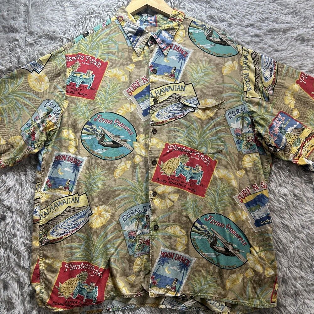 Vintage Reyn Spooner Shirt Mens Large Tan Hawaiian Aloha Rayon Pineapple‎ 90s